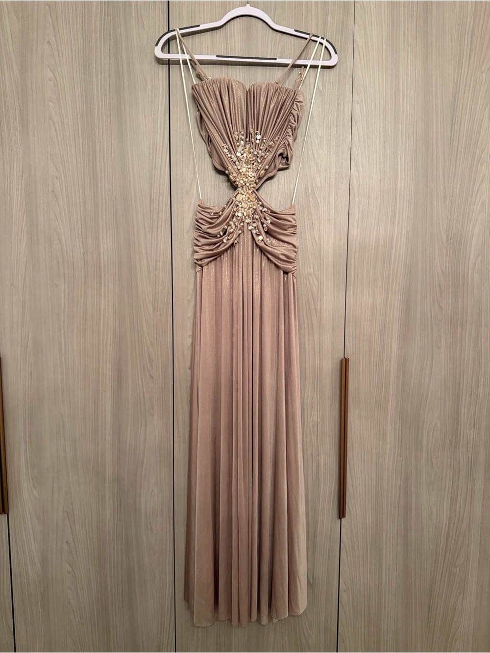 Elegant Champagne Cutout Evening Gown with Embellished Waist